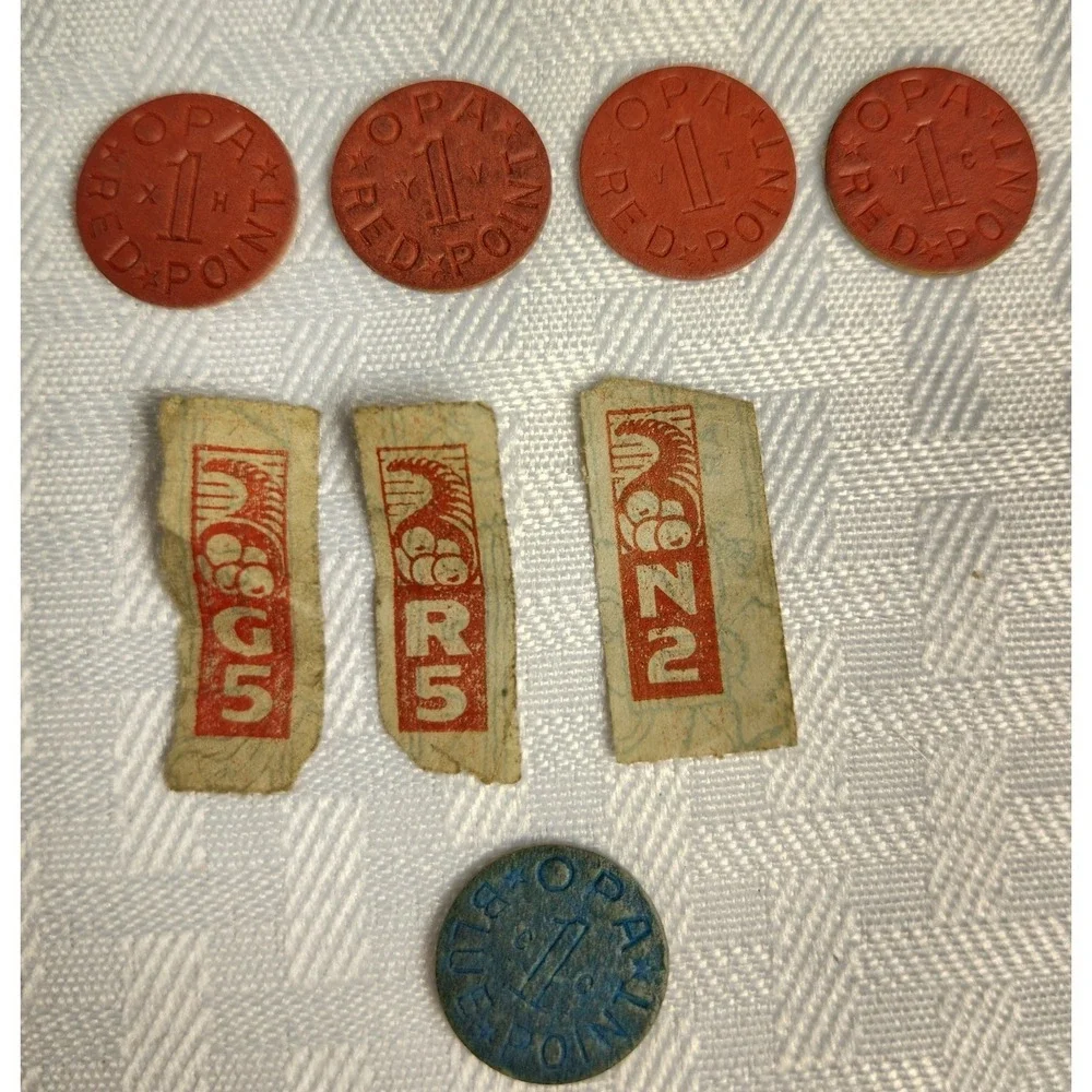 1 Blue & 4 Red Point OPA Tokens + 3 Paper 1942-1945 WW2 US Food Ration Tokens